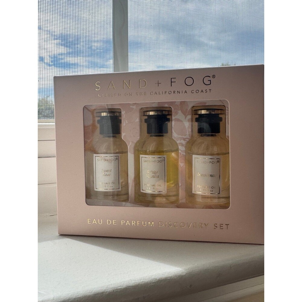 Sand + Fog. Eau de Parfum oils 3 x 0.25 oz. Sweet rose, white vanilla, innocence